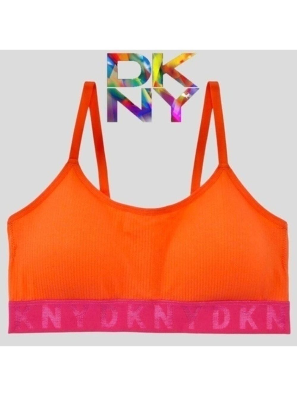 DKNY Seamless Litewear Scoop Bralette Orange Pink ColorBlock/Logo NWT/Md